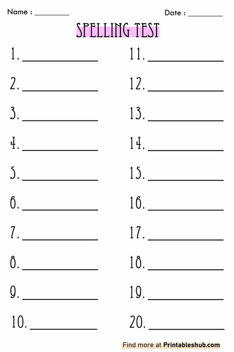 Blank Spelling Test 20 Words Template PDF Spelling Worksheets 4th Grade, Vocabulary Test Template, Free Printable Spelling Test Sheets, Spelling Test For Grade 3, 2nd Grade Sight Word Worksheets Free, Spelling Word Practice 2nd, Spelling Test Template Free Printable, Free Spelling Worksheets, 3rd Grade Worksheets Free Printable