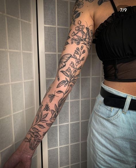 Floral Tattoo Design Arm Sleeve, Soft Feminine Sleeve Tattoo, Creative Arm Sleeve Tattoos For Women, Arm To Wrist Tattoo, Mix Tattoo Styles Sleeve, Tattoo Ideas Floral Sleeve, Hippy Tattoo Sleeve, Black And Grey Line Work Tattoo, Cottagecore Arm Tattoo