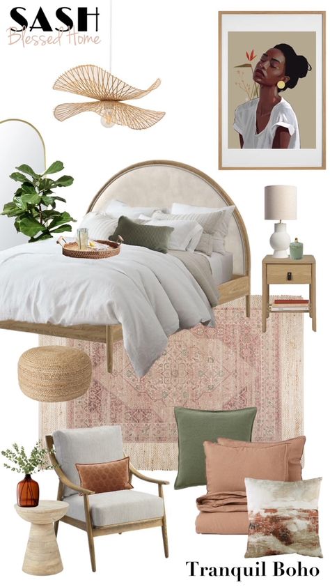 Calming Bedroom Design, Calming Bedroom Ideas Inspiration, Apartment Japandi, Bedroom Mood Board Interior Design, Boho Bedroom Mood Board, Tranquil Apartment, Contemporary Boho Bedroom, Tranquil Bedroom Ideas, Airbnb Styling