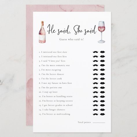 Elegant Wine He Said She Said Bridal Shower Game He Said She Said Bridal Shower Game, Elegant Wine, He Said She Said, Keeping Secrets, Bridal Shower Game, Staying Up Late, First Kiss, Good Grades, Fun Cooking