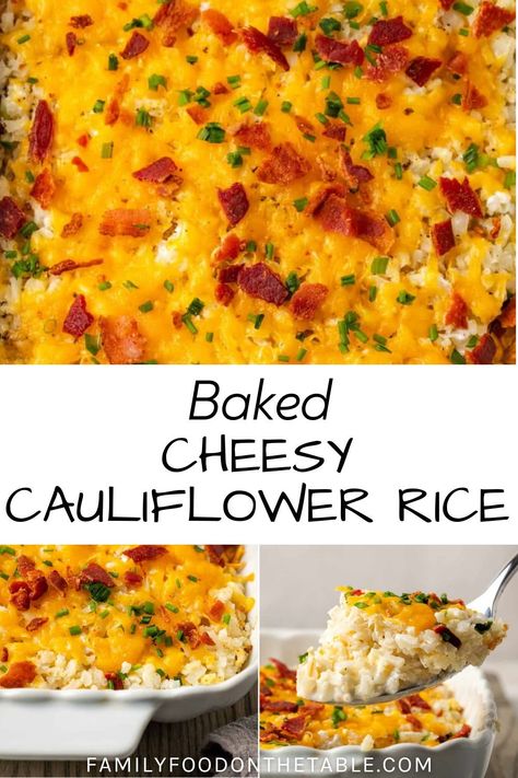 Baked Cheesy Cauliflower Rice is a hot and cheesy casserole that’s just 5 ingredients and 30 minutes to make. This low-carb, gluten-free side is creamy and so flavorful! Loaded Cauliflower Rice Casserole, Recipes Using Riced Cauliflower Low Carb, Cauliflower Rice Casseroles, Low Carb Casserole Recipes Chicken Cauliflower Rice, Slow Cooker Cauliflower Rice Recipes, Twice Baked Cauliflower Casserole, Breakfast Cauliflower Rice, Cheesy Riced Cauliflower Recipes, Rice Califlower Casseroles