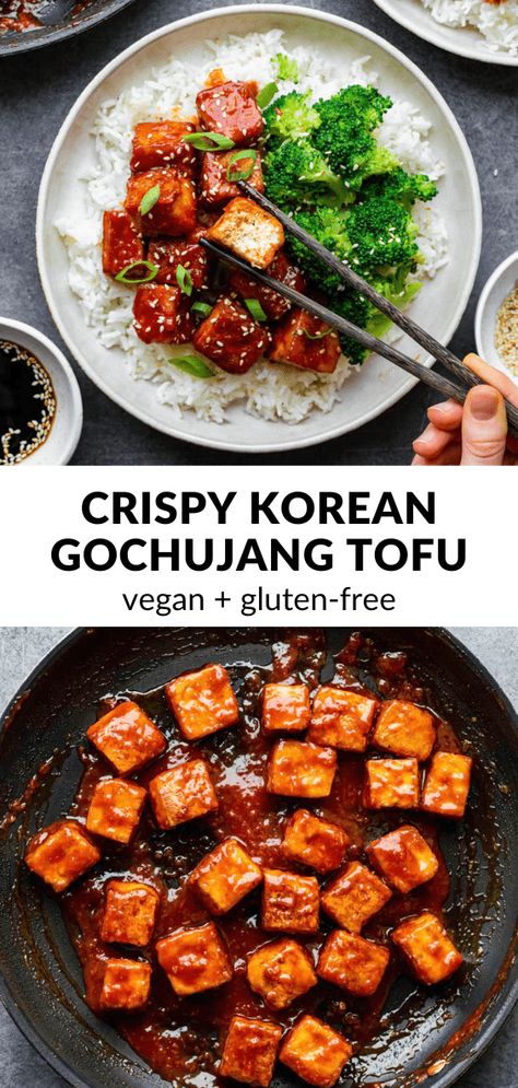 Korean Tofu Dish, Crispy Gochujang Tofu, Vegetarian Recipes Spicy, Gochujang Tofu Bowl, Vegan Gojuchang, Spicy Korean Tofu, Gochujang Recipe Dishes Vegetarian, Tofu Recipes Gochujang, Korean Gluten Free Recipes