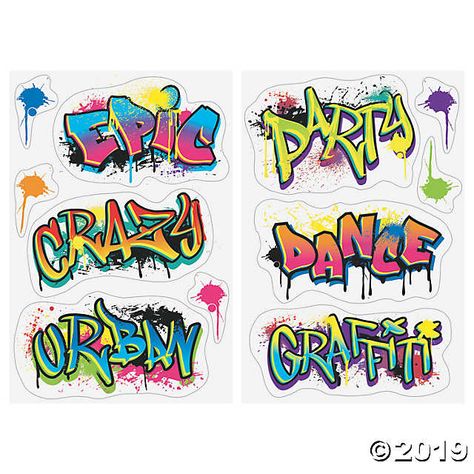 Add some bright colors and funky designs to your 90s or graffiti theme event with these clings! Perfect for using with our concrete stand-ups, sold ... Graffiti Theme, Free Graffiti Fonts, Graffiti Party, Images Pop Art, Alphabet Graffiti, Graffiti Names, Graffiti Art Letters, Arte Doodle, Graffiti Words