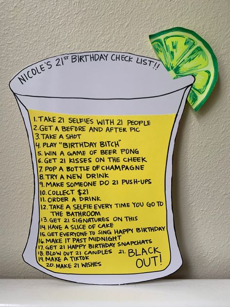 Birthday Checklist 21, 21st Birthday Preparation Checklist, 21st Birthday To Do List, 21st Birthday Checklist Ideas, What To Do For Your 21st Birthday, 21st Birthday Bar Crawl Sign, Sign Night 21st Birthday List, 21s Birthday Ideas, 21st Birthday Essentials