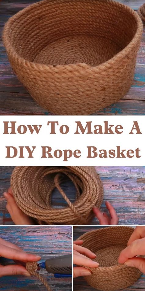 How To Make A DIY Rope Basket - The Newlywed Diy Basket With Rope, Fabric Rope Bowls Diy How To Make, Diy Basket Decor Ideas, How To Make A Basket Out Of Cardboard, Jute Bowl Diy, How To Make A Rope Basket, How To Make A Basket, Rope Bowls Diy How To Make, Rope Baskets Diy Tutorials