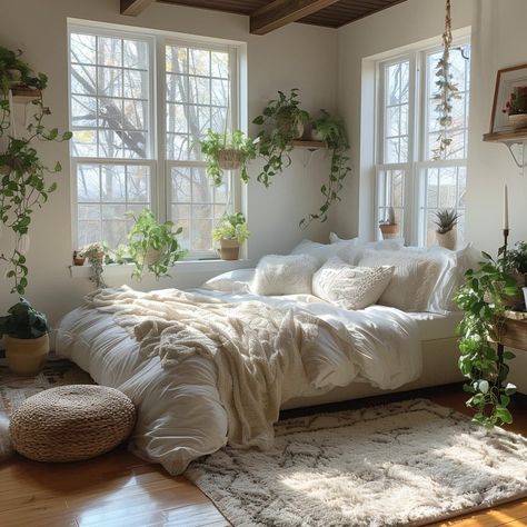 White Room Plant Aesthetic, Soft Natural Bedroom, White Cozy Bedroom Ideas, Bedroom Inspo White Furniture, White Plant Room, Bed Inspo Ideas Cozy Bedroom, Minimalist Plant Bedroom, Bed Aesthetic White, White Room With Plants