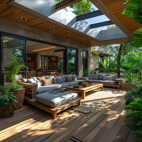 Explore the ultimate lanai design! This modern outdoor living area set in a tropical oasis features elegant wooden floors and cozy furniture. Skylights cast natural light across lush plants and large seating arrangements, enhancing the serene atmosphere. Perfectly suited for relaxation or entertainment, this space blends style with nature, offering a unique retreat under the open sky. Outdoor Setting Styling, Lanai Interior Design, Indoor Outdoor Living Australia, Large Outdoor Area Ideas, Large Outdoor Space Ideas, Deck Living Room, Large Open Balcony Ideas, Outdoor Porch Design, Lanai Extension Ideas