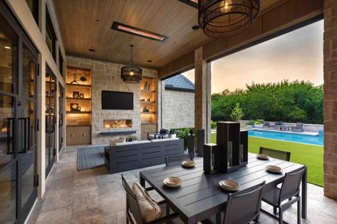 Backyard Patio Designs With Tv, Covered Patio Tv Wall, Patio Entertainment Ideas, Patio Tv Wall, Porch Goals, Hardscape Patio, Patio Tv, Tv Options, Covered Back Patio