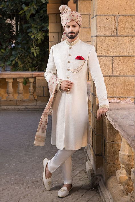 Off White Sherwani Grooms, Groom Stills, Pakistani Attire, Men Wedding Sherwani, Deepak Perwani, Indian Groom Outfit, White Sherwani, Best Smile Quotes, Wedding Dresses Men