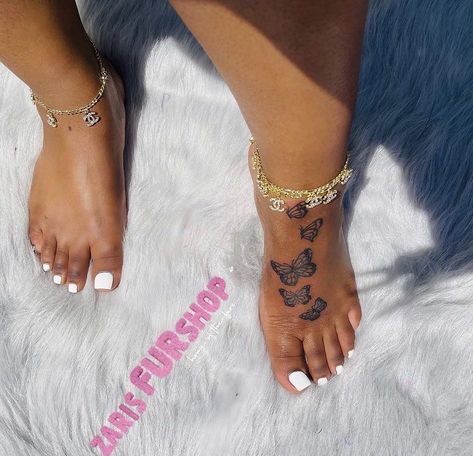 Feet Tattoos Butterfly, Butterfly Ankle Tattoo Black Women, Feet Butterfly Tattoo, Big Women’s Tattoos, Feet Tats For Women, Butterfly On Feet Tattoo, Feet Tattoo Black Women, Feet Tattoos For Women Butterfly, Baddie Elephant Tattoos