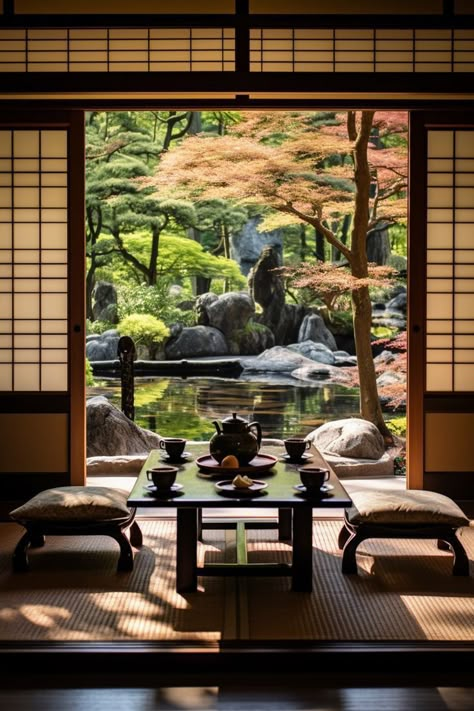 Japanese Tea Room Interior, Japanese Garden Tea House, Zen Garden Japan, Japanese Garden Room, Home Japanese Garden, Tea House Design Interior, Japanese Tea Room Design, Asian Tea Room, Tea Room Japanese