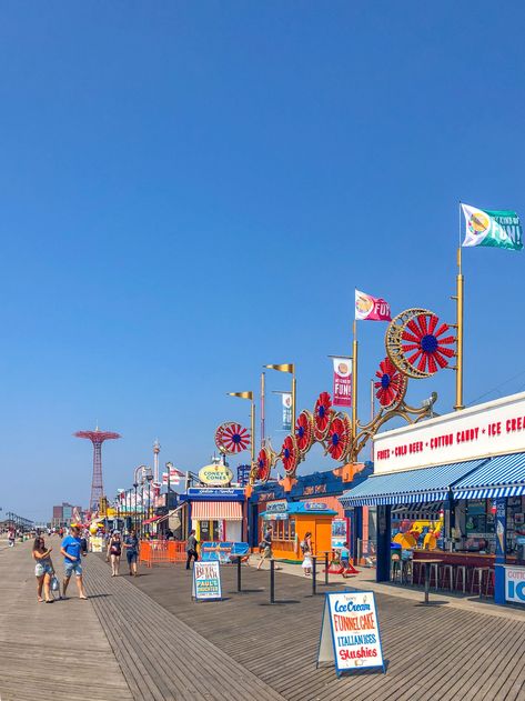 The boardwalk at Coney Island, New York New York Coney Island, Coney Island Boardwalk, Coney Island New York, Coney Island Aesthetic, New York Beach, Coney Island Amusement Park, Luxury Family Travel, Nyc With Kids, Beach Food