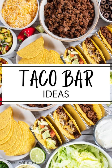 A taco bar is an easy and delicious way to feed a hungry crowd and guests will love getting to build their own tacos! With tons of tasty toppings to choose from, everyone can customize their taco to perfectly suit their tastes! Keep reading for everything you need to know about setting up the ultimate taco bar at home! BakeItWithLove.com #bakeitwithlove #tacos #tacobar #party #groundbeef Tacobar Party, Taco Bar Buffet, Taco Bar Ideas, Mexican Party Food, Taco Bar Party, Party Food Bars, Tacos Mexicanos, Nacho Bar, Bar Buffet