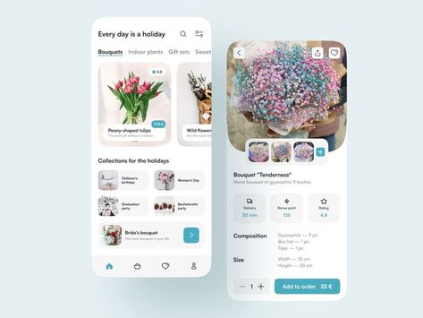 Flower Shop Concept, Flowers Graphic Design, Indoor Plant Gifts, Graphic Design Minimal, App Aesthetic, Holiday Bouquet, Ux Case Study, E-commerce App, Flower App