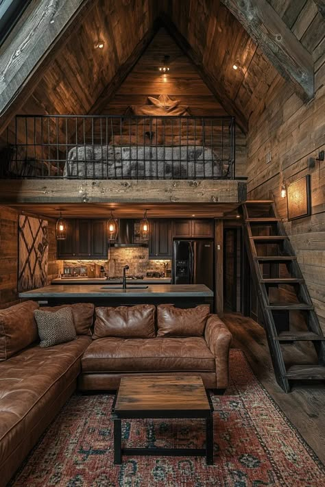 29 Small Cabin Interior with Loft Ideas for Smart Space-Saving Solutions 13 Cabin With A View, Modern Viking Longhouse, Small Cabin Layout, Rustic Tiny House Cabin, Rustic Log Cabin Interior, Diy Tiny Cabin, Log Cabins Interiors, Elevated Cabin, Texas Cabin