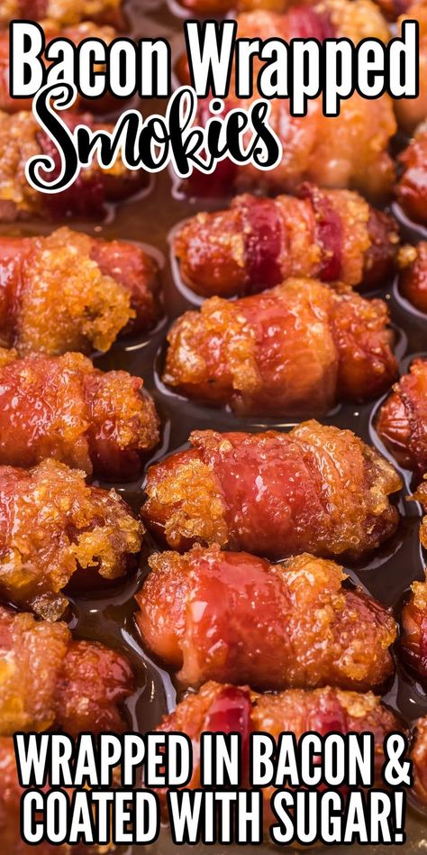 Bacon Wrapped Weenies, Wrapped Smokies, Little Smokies Recipes, Bacon Wrapped Sausages, Smokies Recipe, Bacon Wrapped Smokies, Little Smokies, Sweet Appetizer, Cocktail Sausages