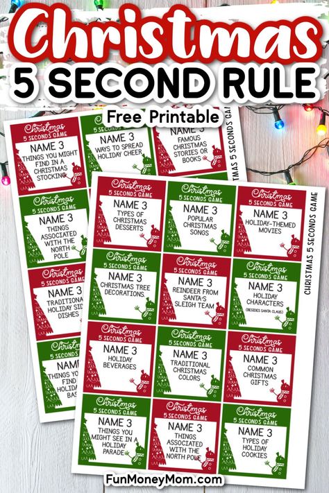 This free printable Christmas 5 Seconds game is the perfect holiday game for kids and adults alike! They'll have a blast with this quick and easy to play holiday activity! Ladies Christmas Brunch Games, What’s In The Christmas Stocking Game, Holiday Group Games For Adults, Christmas Outburst Game Free, 5 Second Game Christmas, 5 Second Rule Christmas Questions, Christmas Group Activities For Adults, Christmas Activities 3rd Grade Free, Christmas Games For Family Printable