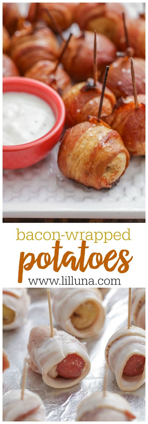 Bacon Wrapped Potatoes - a delicious appetizer combing two favorite ingredients - bacon and potatoes perfect with ranch. Potatoes Baked In Oven, Bacon And Potatoes, Bacon Appetizer, Bacon Wrapped Potatoes, Bacon Wrapped Appetizers, Baked Appetizers, Potatoes Baked, Bacon Appetizers, Potato Bites