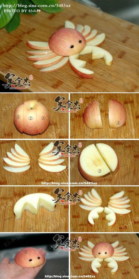 apple crab How To Cut Apples, Cute Food Tutorial, Apple Food Art, Apple Crab, Apple Food, Apple Ideas, Deco Fruit, Apple Cut, Fruit Animals