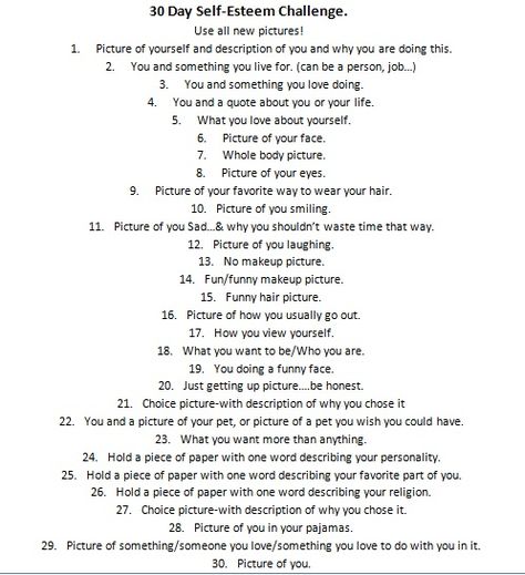 Facebook 30 Day Self-Esteem Challenge. Selfie Challenge List, 30 Day Selfie Challenge, Selfie Challenge, Bettering Myself, 30 Day Challenge, Self Awareness, Self Confidence, 30 Day, Journal Prompts