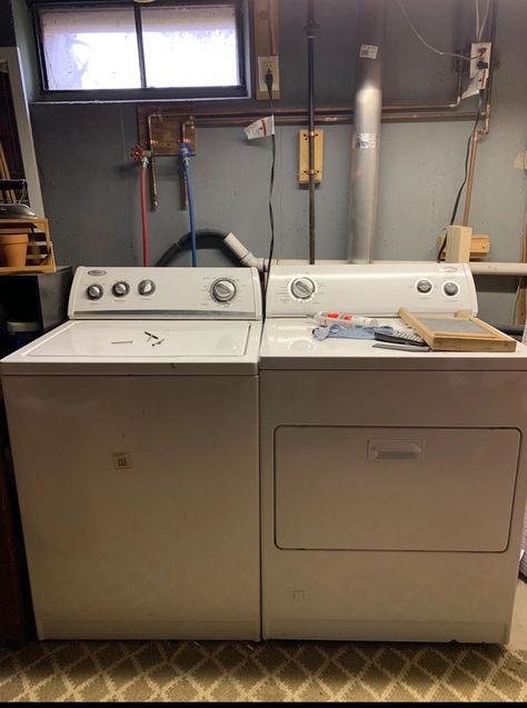 Unfinished Laundry Room Refresh - Before Diy Cabinets Over Washer And Dryer, Laundry Room In Furnace Room, Basement Laundry Room Renovation, Wood Cover For Washer And Dryer, Laundry Room Sloped Ceiling, How To Hide A Furnace In A Laundry Room, Hide Plumbing In Laundry Room, How To Cover Up Laundry Hook Ups, Laundry Room Ideas Black And White