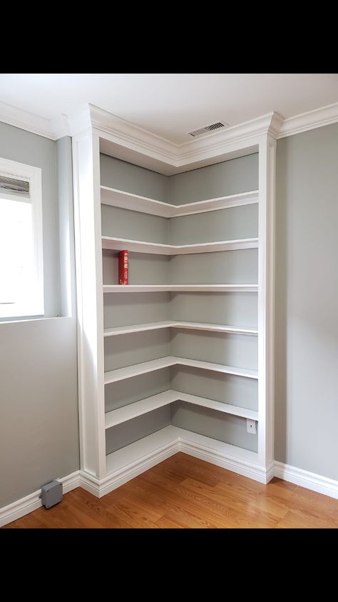 Built In Corner Library, Bookshelves In Corner, Corner Shelves Built In, Corner Shelf Built In, Corner Shelf Bookcase, L Shaped Built In Shelves, Building Bookcases, Built In Shelves Playroom, Bookcase Corner