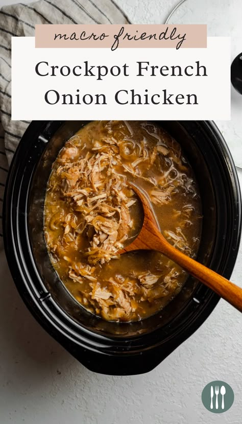 Crockpot Creamy French Onion Chicken And Orzo, Au Jus Chicken Crockpot, Chicken And Onion Crockpot Recipes, Chicken And Onions Crockpot, Crockpot Chicken With French Onion Soup, Juicy Crockpot Chicken, Crockpot Chicken Macro Friendly, Macro Friendly Pot Roast, French Onion Chicken And Rice Crock Pot