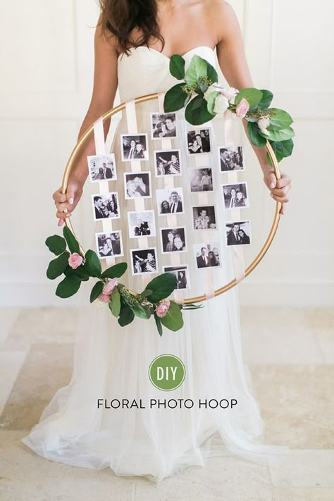 A hula hoop wreath is easy to make and elegant, too, if you paint it gold and use ribbon, greenery and flowers to decorate. Link to DIY Diy Photo Display, Dollar Tree Wedding, Wedding Photo Display, Boda Diy, Rustic Wedding Decorations, Diy Event, בר מצווה, Floral Photo, Photo Craft