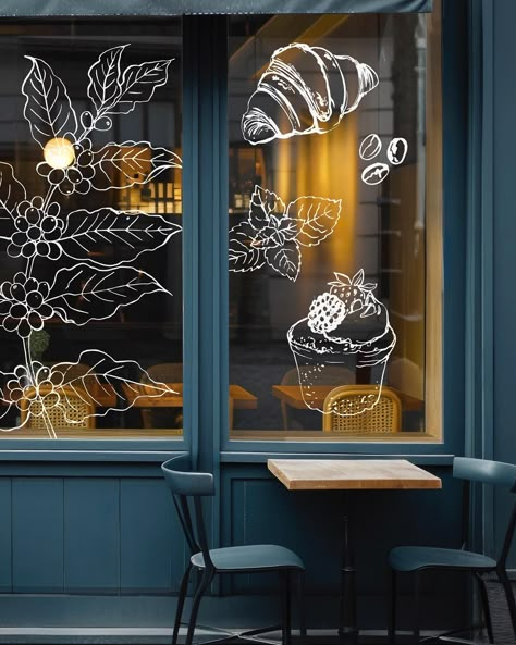 Cafe Window Display Ideas, Coffee Shop Window Display, Coffee Window Display, Bakery Window Art, Cafe Window Art, Restaurant Window Graphics, Coffee Shop Window Art, Coffee Shop Window Design, Art Cafe Ideas