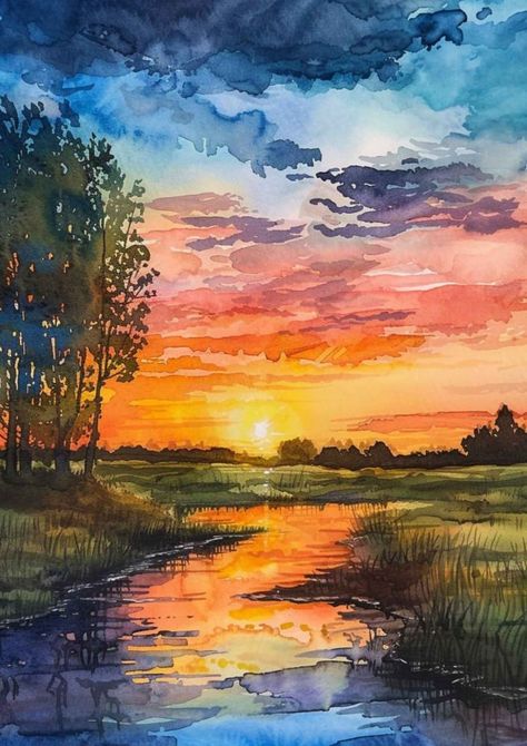 Discover a vibrant collection of 30 watercolor sunset painting ideas that will inspire your next masterpiece. From tranquil beach scenes to fiery skies, each idea is a burst of color and creativity. Perfect for artists of all levels, these watercolor sunsets are a great way to enhance your painting skills. Plus Free Watercolor Stencils! ! #WatercolorSunset #SunsetPainting #ArtInspiration #WatercolorIdeas #PaintingTutorial #ArtistsOfPinterest #SunsetArt Nature Drawings Colorful, Painting To Do On Canvas, Sunset In Watercolor, Watercolor Art Horizontal, Watercolor Paintings Landscape Sunsets, Watercolor Art Colorful, Painting Watercolor Landscape, Drawing With Watercolor Ideas, Colorful Watercolor Art