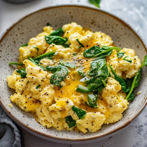 Scrambled Eggs with Cheese and Sautéed Spinach Eggs Spinach Breakfast, Egg With Spinach Breakfast, Eggs And Spinach Recipes, Eggs With Spinach Breakfast, Spinach Recipes Breakfast, Egg Spinach Breakfast, Egg And Spinach Breakfast, Simple Egg Recipes, Spinach Scrambled Eggs