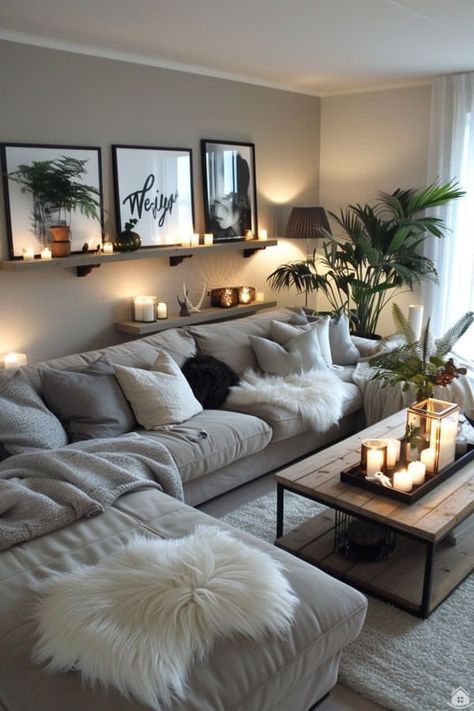 Grey Couch Natural Living Room, Light Grey Couch Organic Modern, City Apartment Living Room Aesthetic, Home Decor With Gray Couch, Living Room Designs Apartment Colorful, Gray Sofa Boho Living Room, White Grey Home Decor, Small Front Room Ideas Cosy, Gray And Oak Living Room