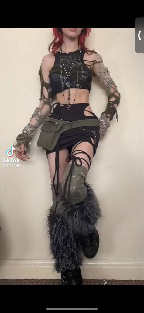 Y2k Outfits For Concerts, Ashnikko Concert Outfits, Mad Max Rave Outfit, Wasteland Rave Outfits, Rave Outfits Fairy, Hyperpop Concert Outfit, Festival Goth Outfit, Dark Fairy Rave Outfit, Trash Aesthetic Outfits