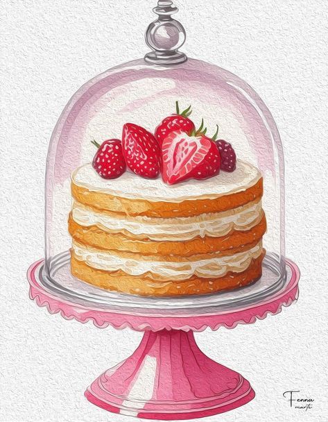 Food Drawing Strawberry, Aesthetic Cake Painting, Strawberry Shortcake Drawing Food, Strawberry Food Drawing, Strawberry Desserts Drawing, Cake Icon Aesthetic, Cake Drawing Reference, Cute Food Paintings, Cake Sketch Drawings