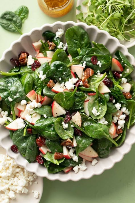 Apple Spinach Salad with Candied Pecans and Feta Spinach Dijon Salad, Spinach Apple Bacon Salad, Apple And Lettuce Salad, Spinach Based Salad, Apple Feta Spinach Salad, Spinach And Apple Salad, Easy Spinach Salad Recipes, Winter Spinach Salad, Spinach Salad Recipes Dressing