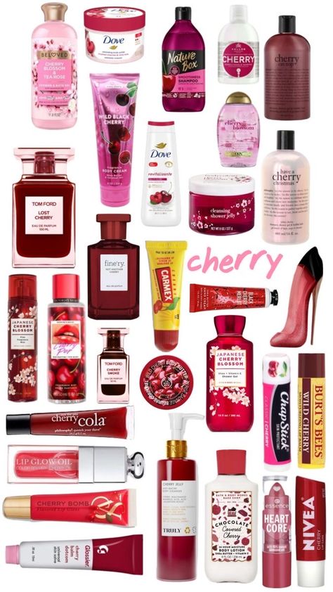 Cherry Hair Products, Cherry Beauty Products, Cherry Scented Shower Routine, Cherry Products Aesthetic, Cherry Shower Routine, Cherry Smell Products, Cherry Scent Combo, Cherry Body Care, Cherry Scented Products