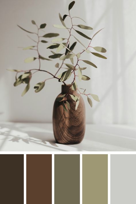 This brown and green palette depicts a minimalist arrangement of eucalyptus leaves in a wooden vase, showcasing the subtle and calming earth tones of green foliage and natural wood. Browns And Green Color Palette, Greens And Browns Palette, Natural Pallet Color, Brown Color Palette Combination, Green And Brown Office, Natural Wood Color Palette, Color Palette With Wood, Wooden Color Palette, Brown And Green Color Palette