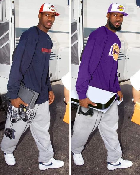 90s Black Men Fashion, Lebron James 2003, 2000s Hip Hop Fashion, Streetwear Fashion Pants, 90s Black Men, Nba Fashion, Nba Art, Basketball Is Life, Basketball Photography