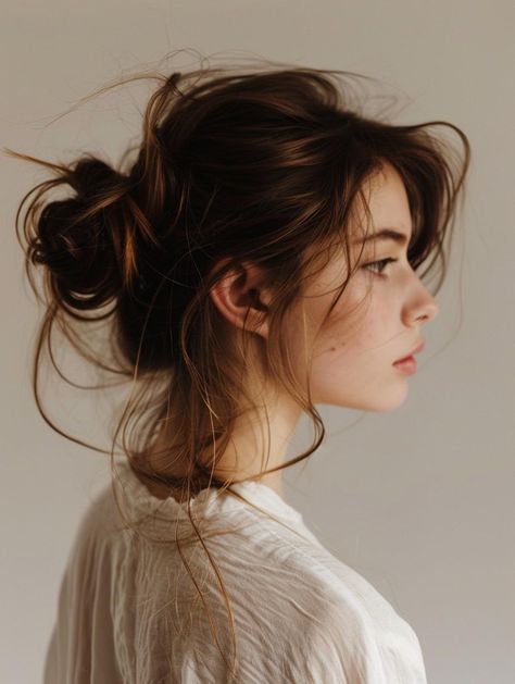 Fresh Messy Bun Styles for Medium Hair 2024 Messy Bun Photography, Shaggy Long Hair, Messy Braids, Messy Updo, Bun Styles, Messy Buns, Side Hairstyles, Medium Curly Hair Styles, Messy Bun Hairstyles