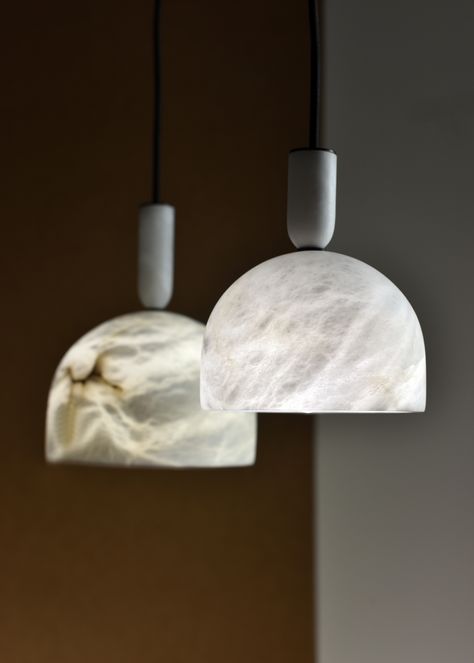 Our new OKI Chandelier is a collection of perfectly bisected alabaster ellipse lights. Click the link to find out more #AAE #Lighting #Alabaster Marble Pendant Light, Alabaster Lighting, Marble Lighting, Luxury Lighting Design, Marble Light, Stone Lighting, Mid Century Modern Lighting, Mid Century Lighting, Lampe Decoration