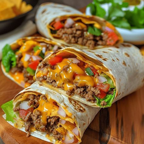 Nacho Beef Wrap, Delicious Wrap Recipes, National Night Out Food Ideas, Food Recipes Wraps, Nacho Cheese Burrito, Nacho Cheese Beef Burritos, Taco Burrito Wrap, Classic Dinner Recipes Comfort Foods, Restaurant Style Nachos