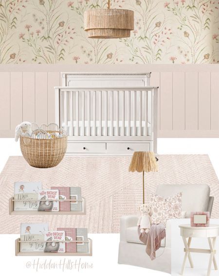 Powder Pink Nursery, Mauve Pink Accent Wall Nursery, Blush Pink Wallpaper Nursery, White Board And Batten Nursery, Serena And Lily Priano Wallpaper Pink, Floral Wallpaper With Board And Batten, Pink Whimsical Nursery, Pink Board And Batten With Wallpaper, Wallpaper For Nursery Girl