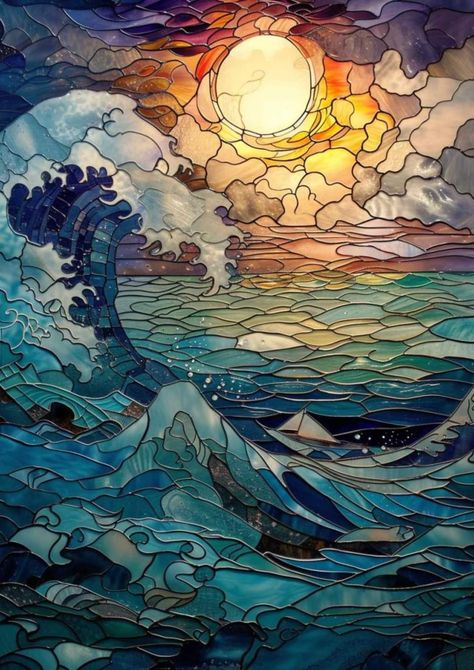 Paintings Of Stained Glass Windows, Ocean Themed Stained Glass Window, Ocean Glass Art, Stained Glass Tattoos For Women, Unique Art Inspiration, Stained Glass Art Ideas, Stained Glass Mural, Stained Glass Sky, Stained Glass People