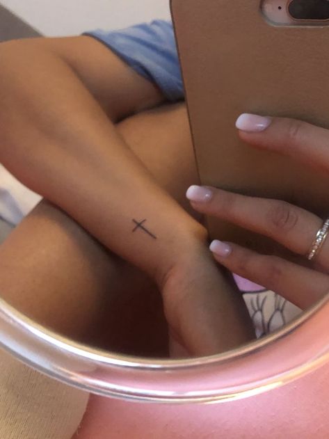 Small Tattoos For God, Bible Small Tattoos, Cross Quote Tattoo, Small And Dainty Tattoos, Cute Tattoos With Meaning Christian, Small Tattoos Dainty, Cross Tats For Women, Small Faith Tattoos For Women Simple, White Ink Cross Tattoo