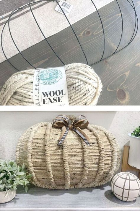 Check out this creative yarn pumpkin fall wire pumpkin wreath idea for front door or living room mantel. This dollar store Fall wreath on a budget is perfect for autumn decoration for your living room. Wire Pumpkin Wreath Diy, Thanksgiving Wreaths Diy, Dollar Tree Pumpkin Wreath, Wire Pumpkin, Pumpkin Wreath Diy, Decor Room Ideas, Dollar Tree Pumpkins, Fall Decor Diy Crafts, Living Room Mantel