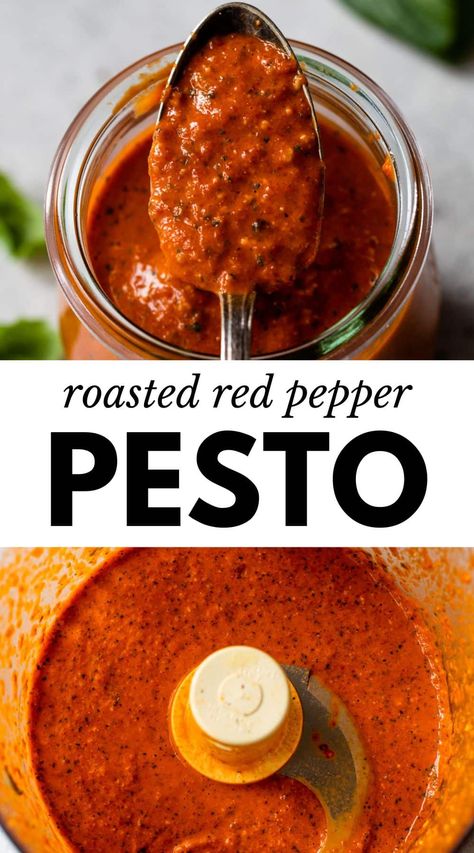 This easy Red Pepper Pesto is rich, smoky, and sweet, making it fantastic on everything! Use it as a pasta sauce, a topping for pizza, salad dressing, and so much more. Red Pepper Mushroom Recipes, Bell Pepper Pesto Recipe, Red Pepper Pasta Salad, Roasted Red Pepper Vinaigrette, Canning Pesto Sauce, Roasted Red Pepper Pesto Recipes, Red Bell Pepper Sauce Recipes, Smoked Pepper Sauce, Red Pepper Pesto Pasta