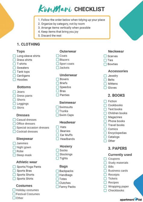 Printable KonMari Checklist: Declutter Your Home With Marie Kondo - Rentonomics Diy Storage And Organization, Marie Kondo Drawer Organizer, Marie Kondo Kitchen, Marie Kondo Folding, Marie Kondo Closet, Kon Marie, Konmari Checklist, Konmari Organizing, Kon Mari