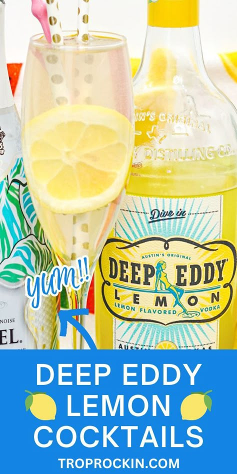 Love Deep Eddy Lemonade Vodka recipes? Mix with lemonade and champagne for a lemony refreshing drink! Deep Eddy Lemon Vodka recipes are perfect for summer and this one won't dissapoint! Cheers! Deep Eddy Lemon Vodka Recipes, Lemon Vodka Recipes, Deep Eddy Vodka Recipes, Adult Drinks Recipes, Vodka Lemonade Drinks, Lemon Vodka Drinks, Flavored Vodka Drinks, Alcoholic Drinks Vodka, Vodka Mixed Drinks