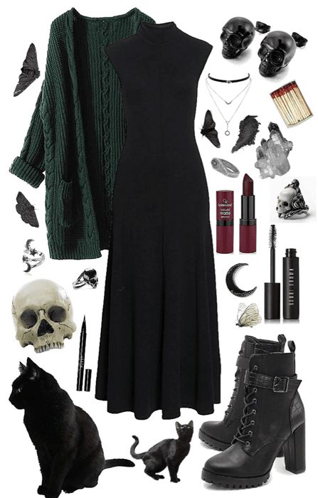 All Black Witch Outfit, Witch Outfit Modern Aesthetic, Witch Fashion Modern, Witchy Aesthetic Clothing, Winter Witch Aesthetic Fashion, Witch Vibes Aesthetic Outfit, Green Witch Outfit Modern, Halloween Work Outfit Ideas, Witch Work Outfit