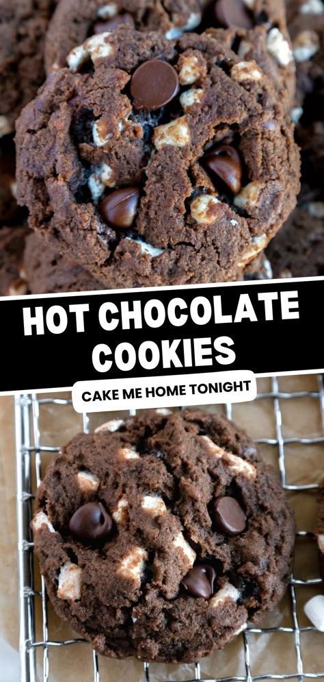 Homemade hot chocolate cookies made with milk chocolate cookies, chocolate chips, and marshmallows. Hot Cocoa Brownies, Hot Chocolate Marshmallow Cookies, Dehydrated Marshmallows, Milk Chocolate Cookies, Chocolate Chips And Marshmallows, Hot Chocolate Cookie Recipes, Chocolate Goodies, Hot Cocoa Cookies, Winter Baking